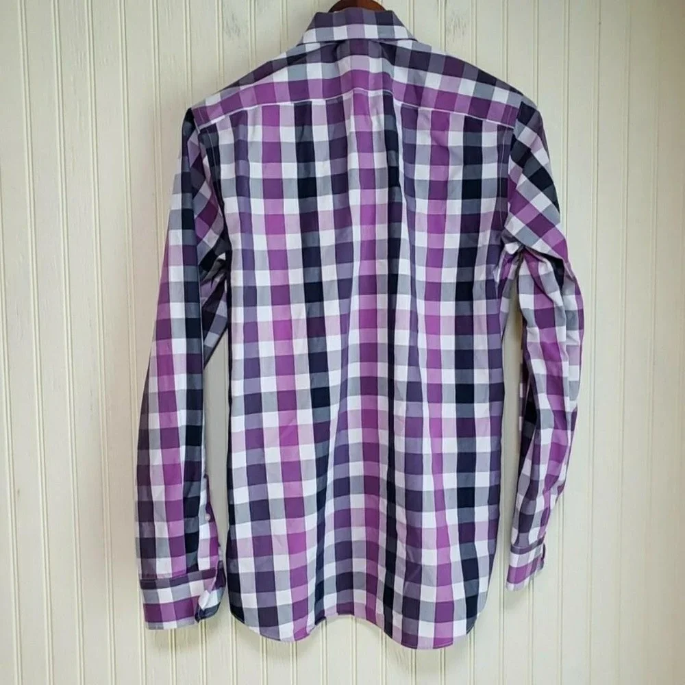 Banana Republic Dress Shirt Mens Small 14.5 Purple Gingham Non Iron Long Sleeve